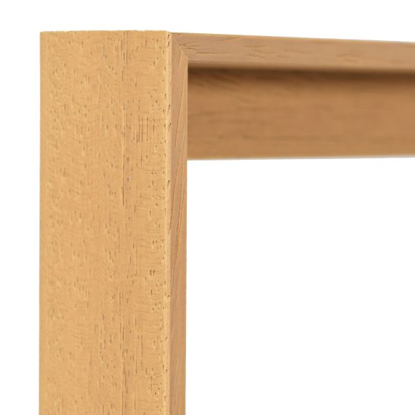 Weergave van de hoek van een eikenkleurige, openporige schaduwvoeglijst voor canvas
