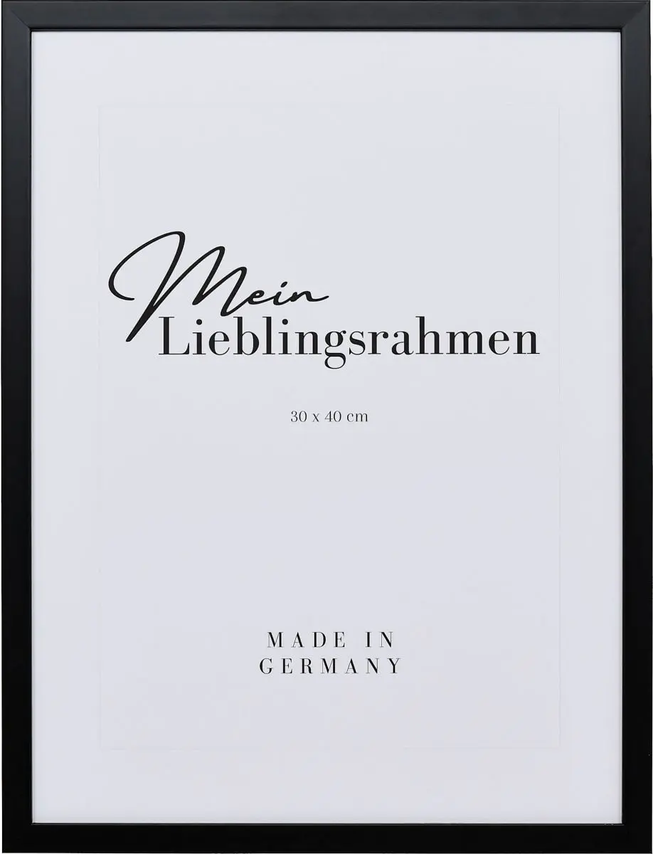 Frontansicht eines schmalen, schwarzen Bilderrahmens mit sichtbarer Holzstruktur und glatter OberflÃ¤che