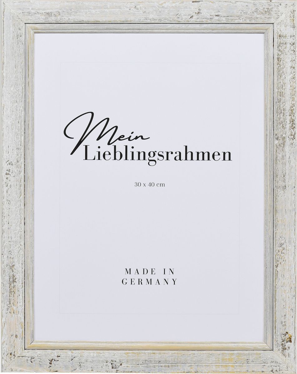 Vooraanzicht van een witte, met open poriën gelakte houten fotolijst met een vlak profiel en een rond profiel aan de binnenrand
