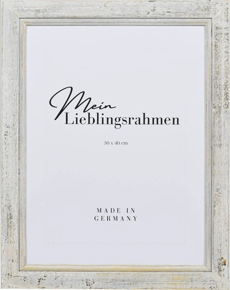 Vooraanzicht van een witte, met open poriën gelakte houten fotolijst met een vlak profiel en een rond profiel aan de binnenrand