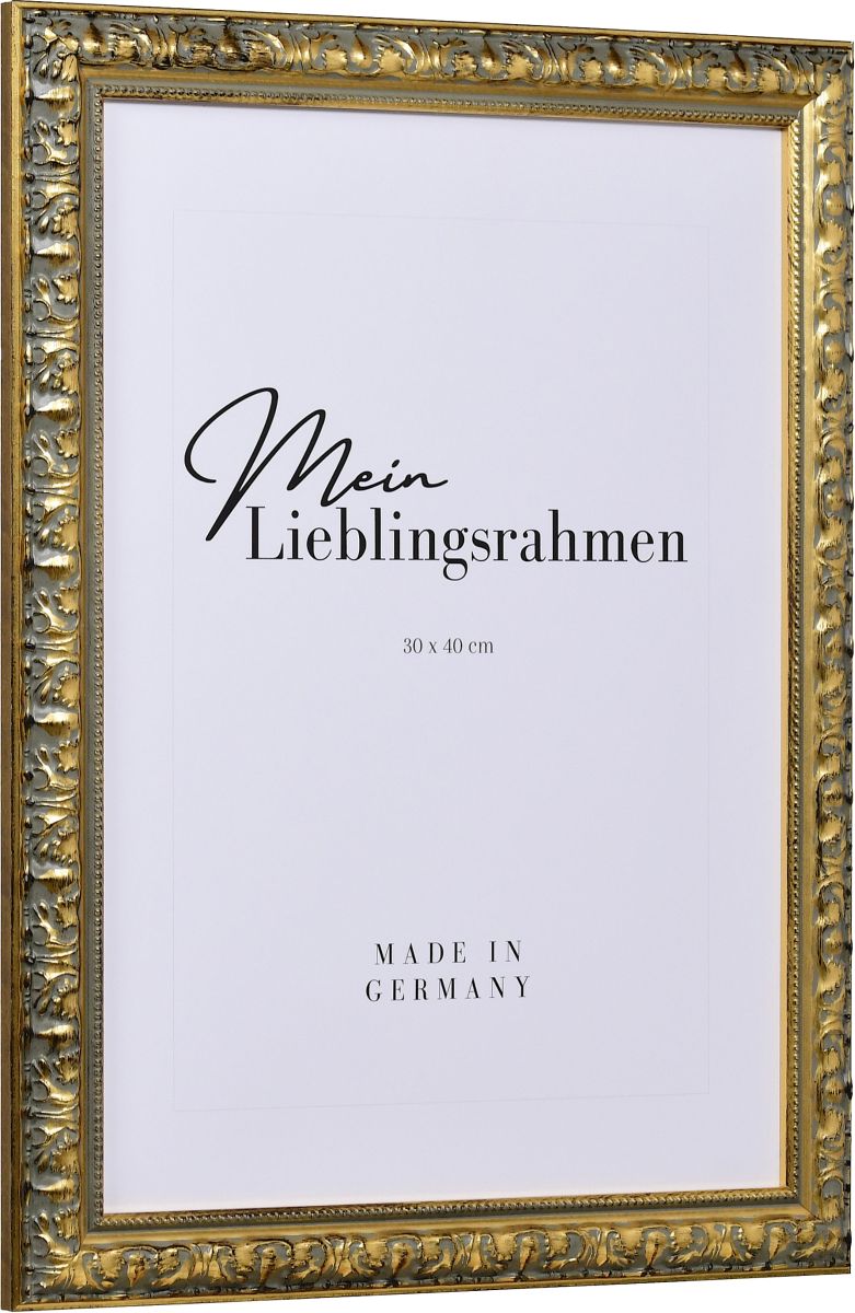 Zijaanzicht van een gouden houten lijst in een elegante, barokke look met parelrand