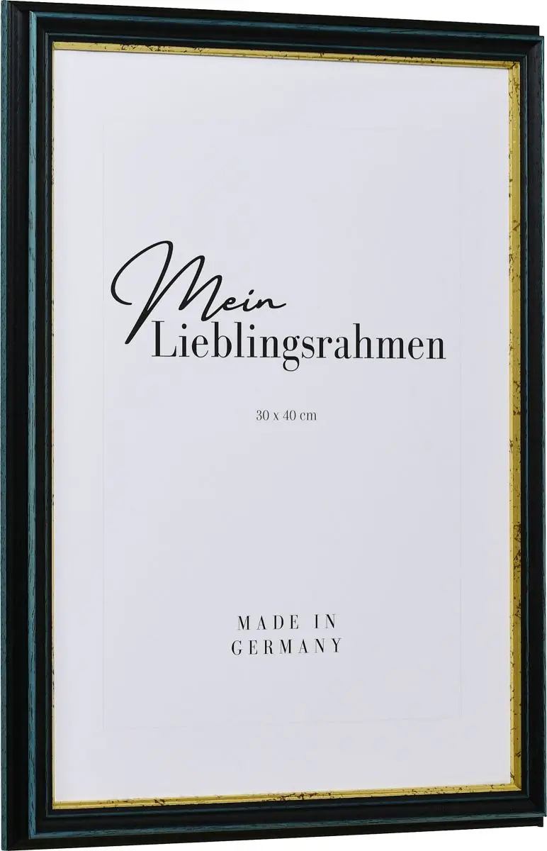 Seitenansicht eines blauen Holzrahmens mit tiefer Hohlkehle und abgestufter Goldkante