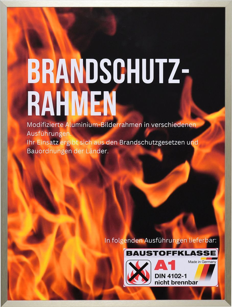 Frontansicht eines champagnerfarbenen, kantigen, stabilen Brandschutzrahmens aus eloxierten Aluminium