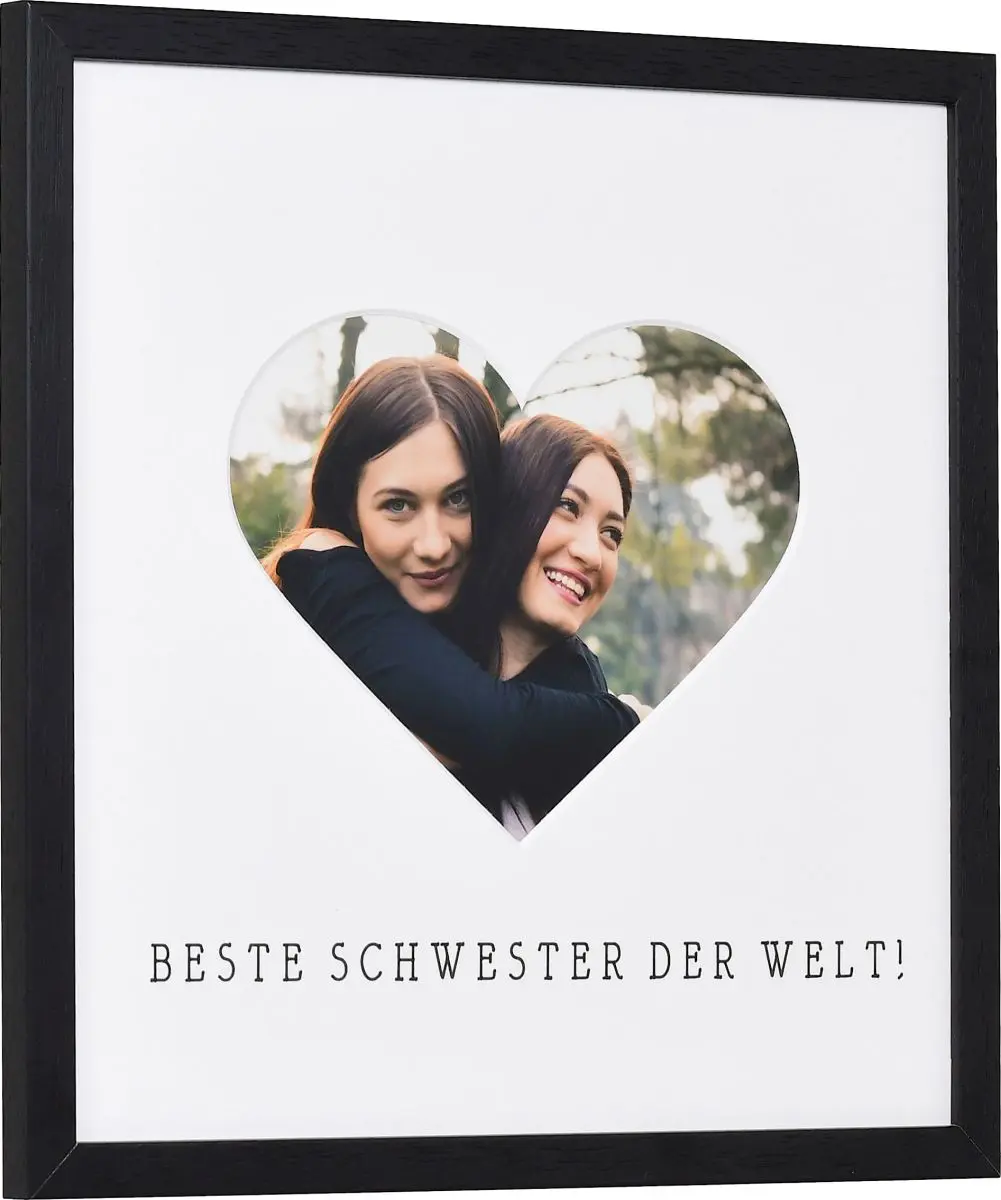 seitliche Ansicht eines Bilderrahmens mit Herzausschnitt fÃ¼r die beste Schwester der Welt in der Farbe Schwarz