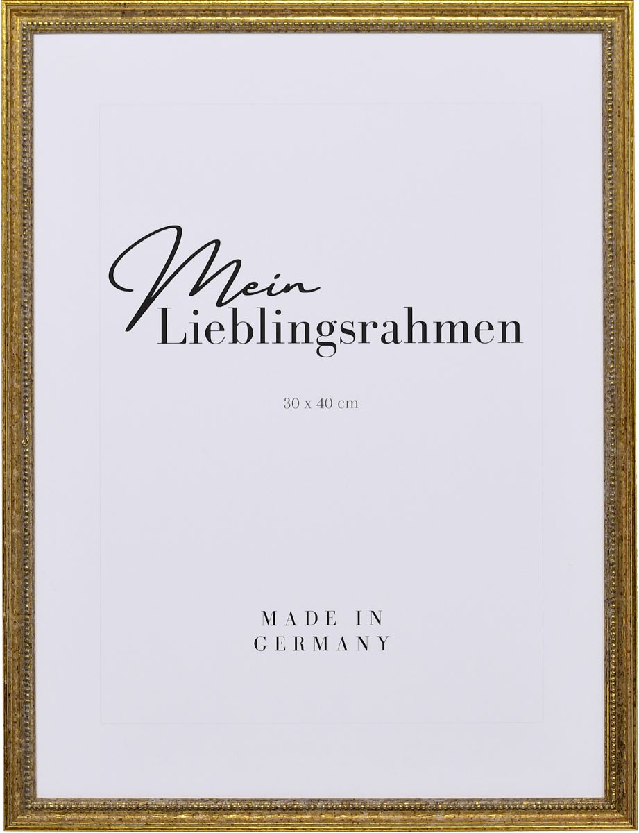 Frontansicht eines klassischen, antiken Holzrahmens in der Farbe Altgold mit Perlkante