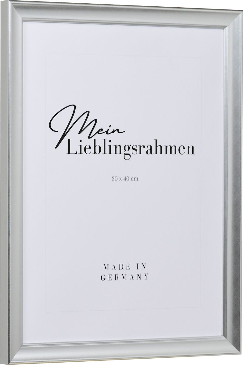 Seitenansicht eines silbernen Bilderrahmens mit einer durch ein PrÃ¤gerad aufgebrachten OberflÃ¤che und einem Perlstab