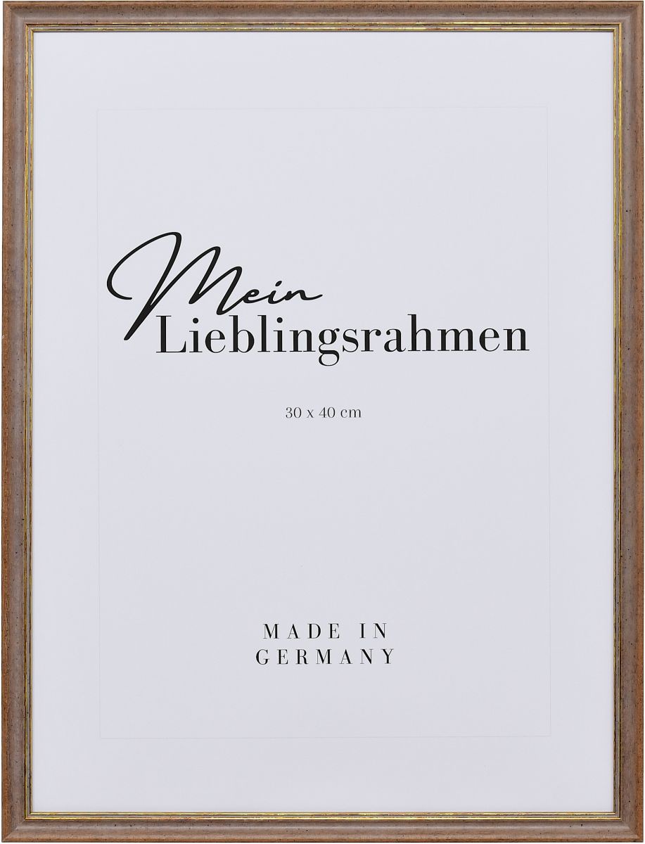 Frontansicht eines Vintage Holzrahmens in der Farbe Braun mit leicht aufgerauter OberflÃ¤che und goldener Zierkante