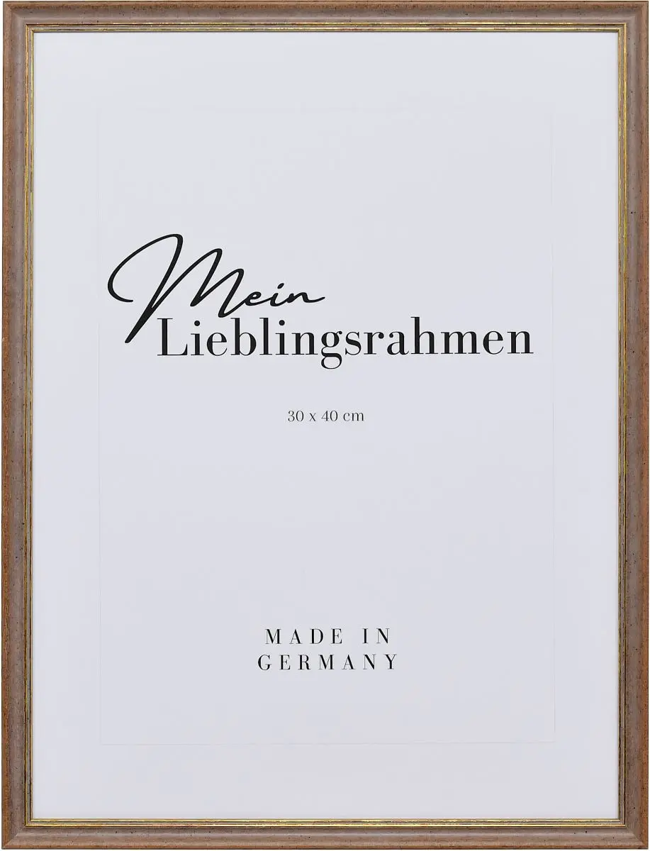 Frontansicht eines Vintage Holzrahmens in der Farbe Braun mit leicht aufgerauter OberflÃ¤che und goldener Zierkante