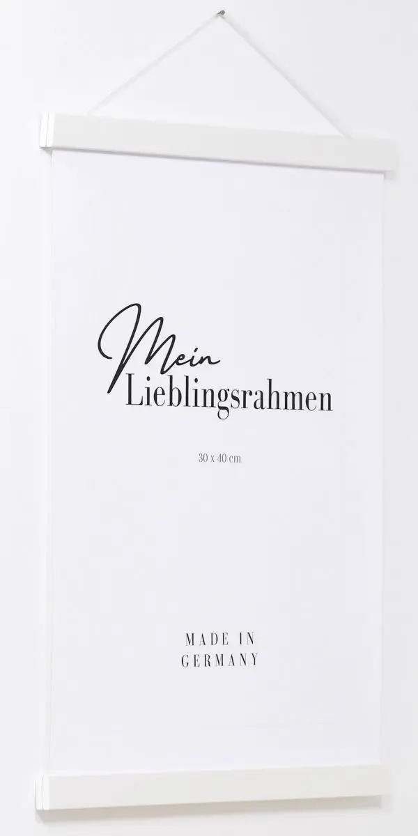 Seitenansicht eines weissen Holz-PosterhÃ¤ngers