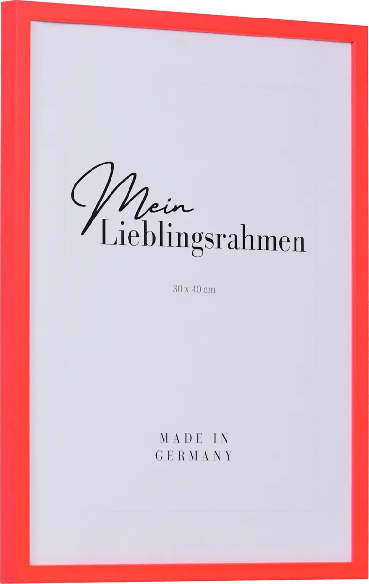Zijaanzicht van een houten fotolijst in moderne stijl in de kleur neonrood