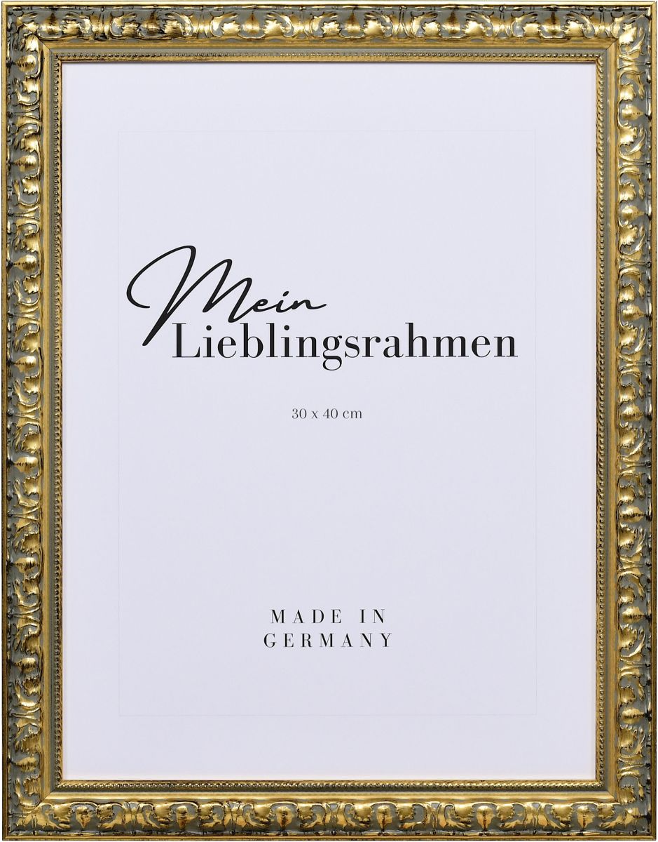 Frontansicht eines goldenen Holzrahmens im eleganten, barocken Look mit in Handarbeit aufgebÃ¼rstetem Schlagmetall und Perlkante