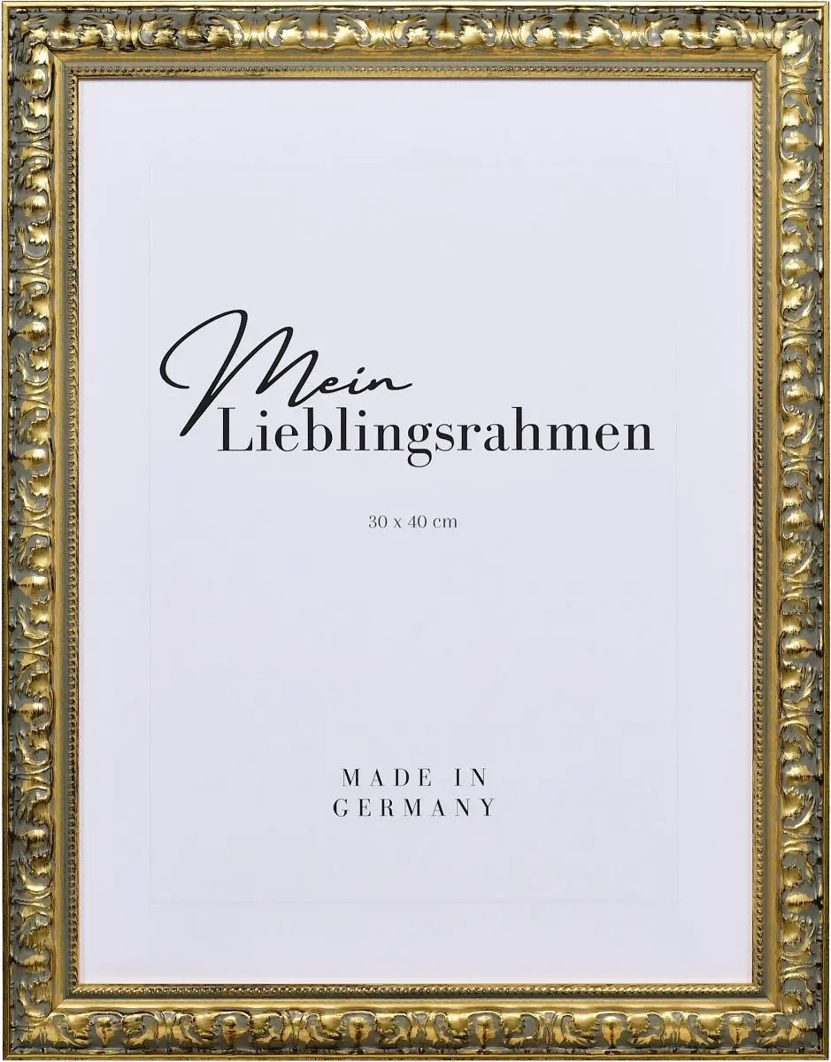 Frontansicht eines goldenen Holzrahmens im eleganten, barocken Look mit in Handarbeit aufgebÃ¼rstetem Schlagmetall und Perlkante
