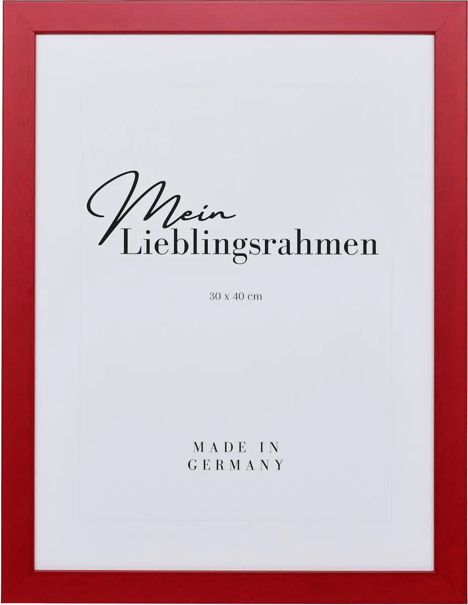 Frontansicht eines roten Bilderrahmens mit sichtbarer Holzstruktur, glatter OberflÃ¤che und kantigem, schlichtem Profil