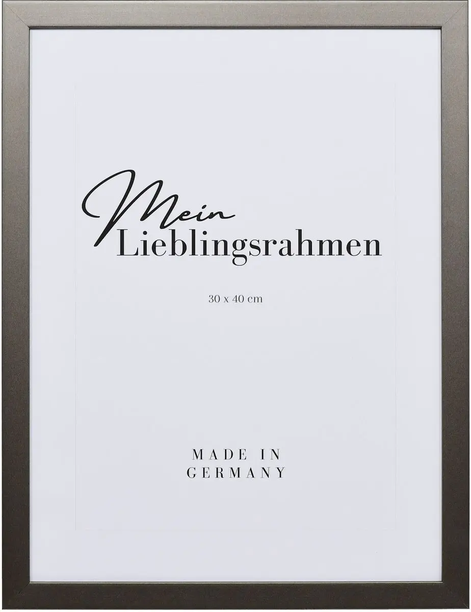 Frontansicht eines platinfarbenen Bilderrahmens mit geschlossener, glatter OberflÃ¤che und wÃ¼rfelfÃ¶rmigem Profil