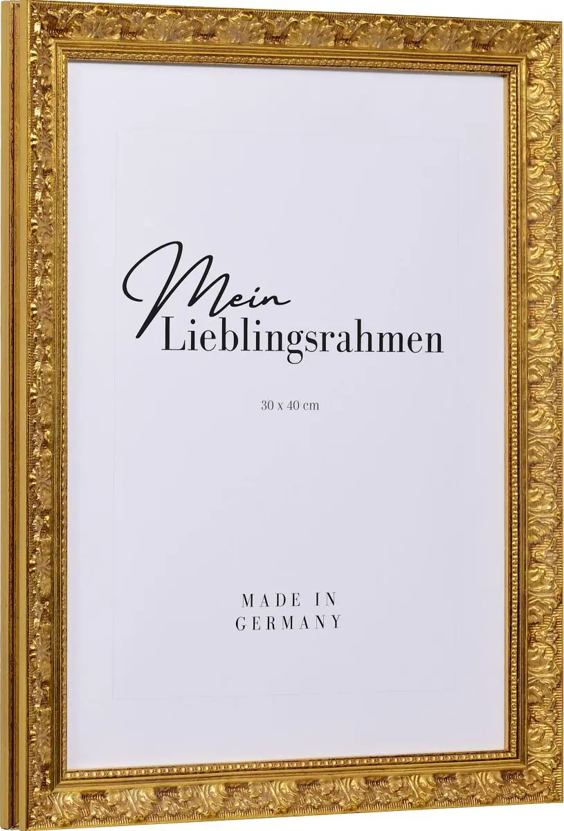Seitenansicht eines Holzrahmens im Barockstil mit feinen floralen Ornamenten und einem strahlenden Goldglanz