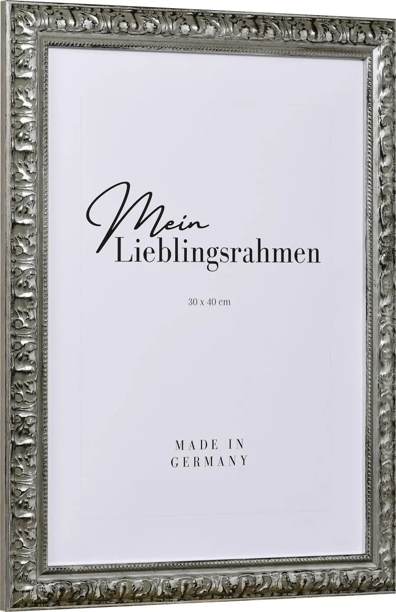 Seitenansicht eines silbernen Holzrahmens im eleganten, barocken Look mit Perlkante