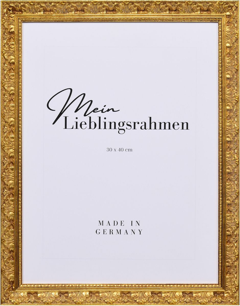 Frontansicht eines Holzrahmens im Barockstil mit feinen floralen Ornamenten und einem strahlenden Goldglanz