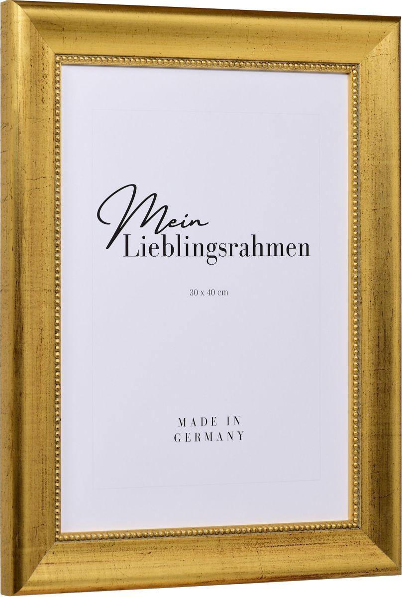 Zijaanzicht van een gouden, klassieke fotolijst met gouden parelrand