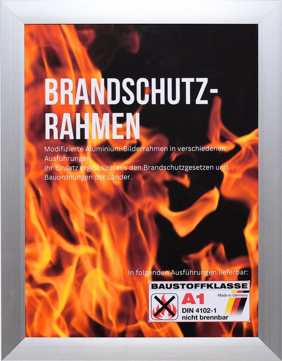 Frontansicht eines silbernen Brandschutzrahmens aus lÃ¤ngs gebÃ¼rstetem, rostfreien Aluminium