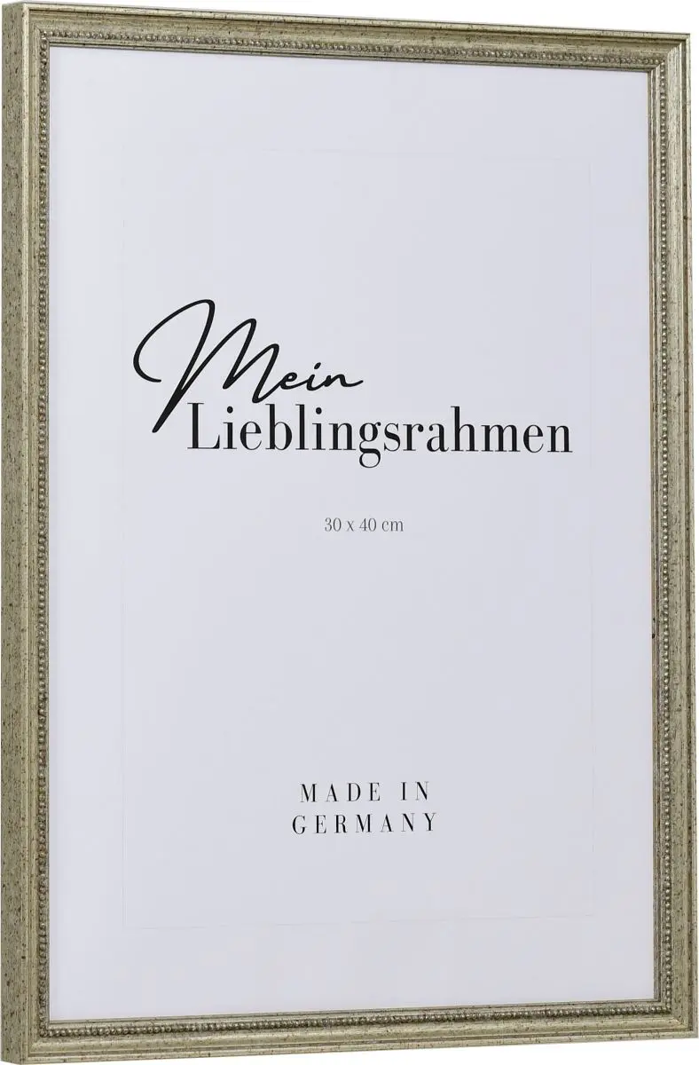 Seitenansicht eines klassischen, antiken Holzrahmens in der Farbe Antiksilber mit Perlkante