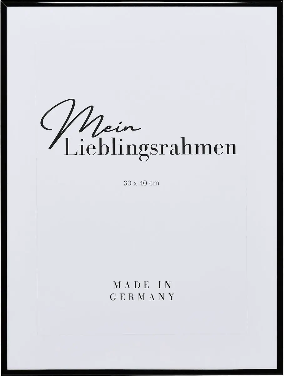Frontansicht eines schwarzen, extrem formstabilen Hochglanz-Aluminiumrahmens mit patentiertem Eckverbindersystem