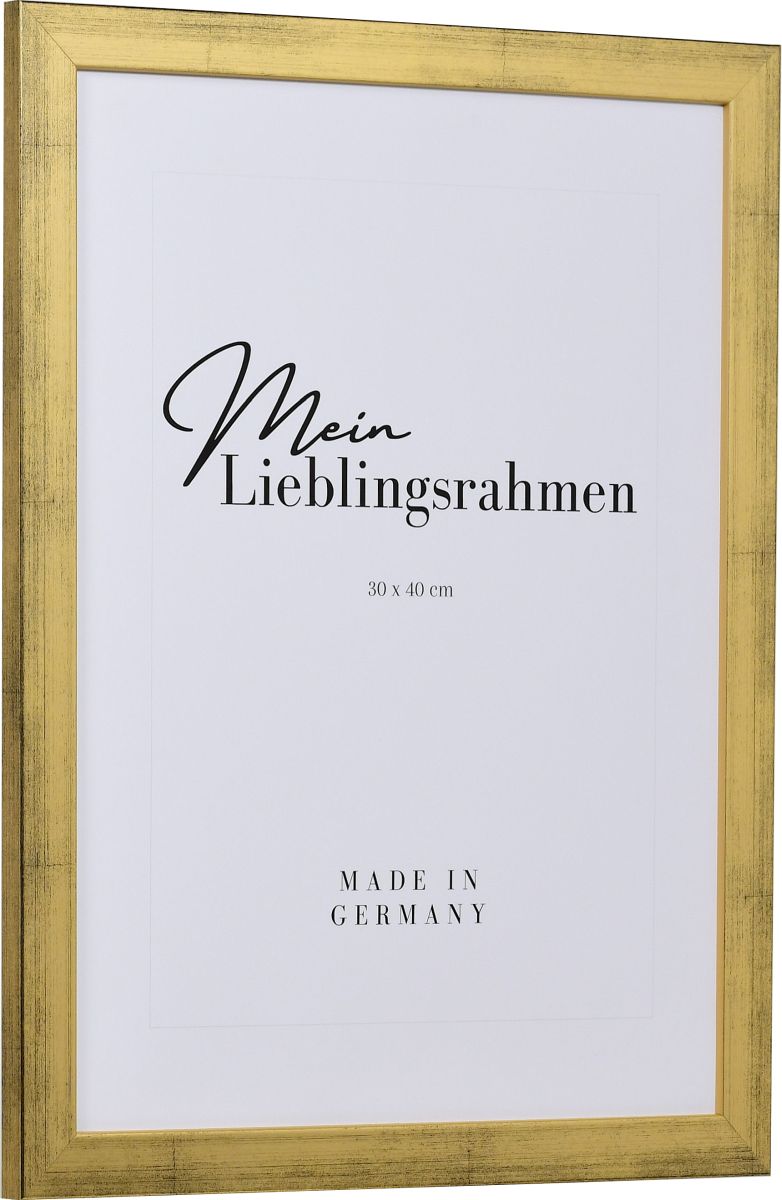 Seitenansicht eines goldenen Bilderrahmens mit sichtbarer Holzstruktur, glatter OberflÃ¤che und kantigem, schlichtem Profil