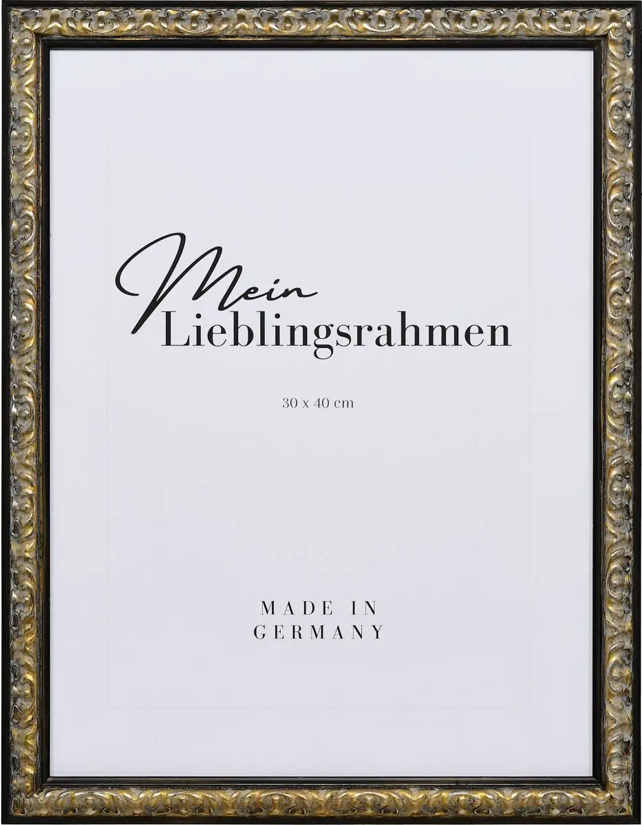 Frontansicht eines schwarzen, aufwendig geformten, barocken Holzrahmens mit floraler Ornamentik und in Handarbeit aufgebÃ¼rstetem Schlagmetall