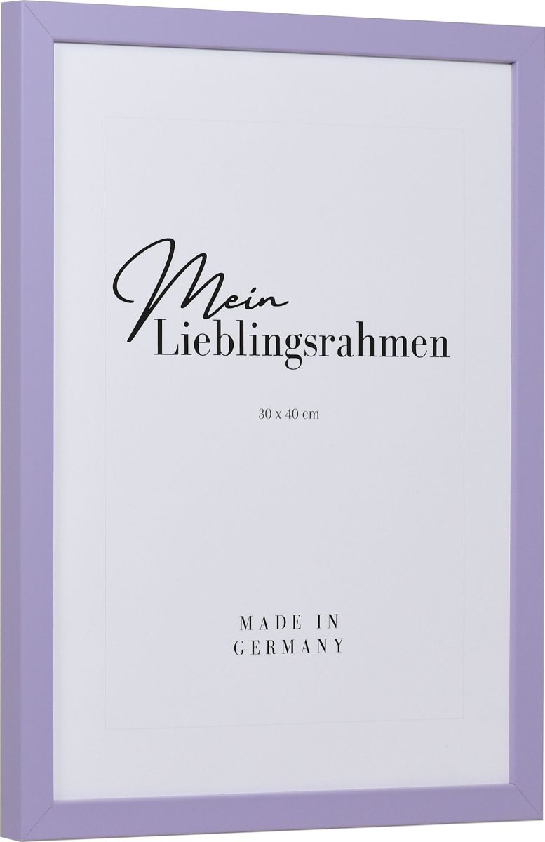 Seitenansicht eines fliederfarbenen Bilderrahmens mit geschlossener, glatter OberflÃ¤che und wÃ¼rfelfÃ¶rmigem Profil