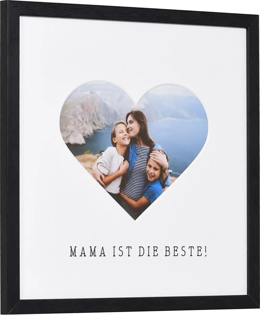 zijaanzicht van een fotolijst met hartuitsparing voor Mama in de kleur zwart